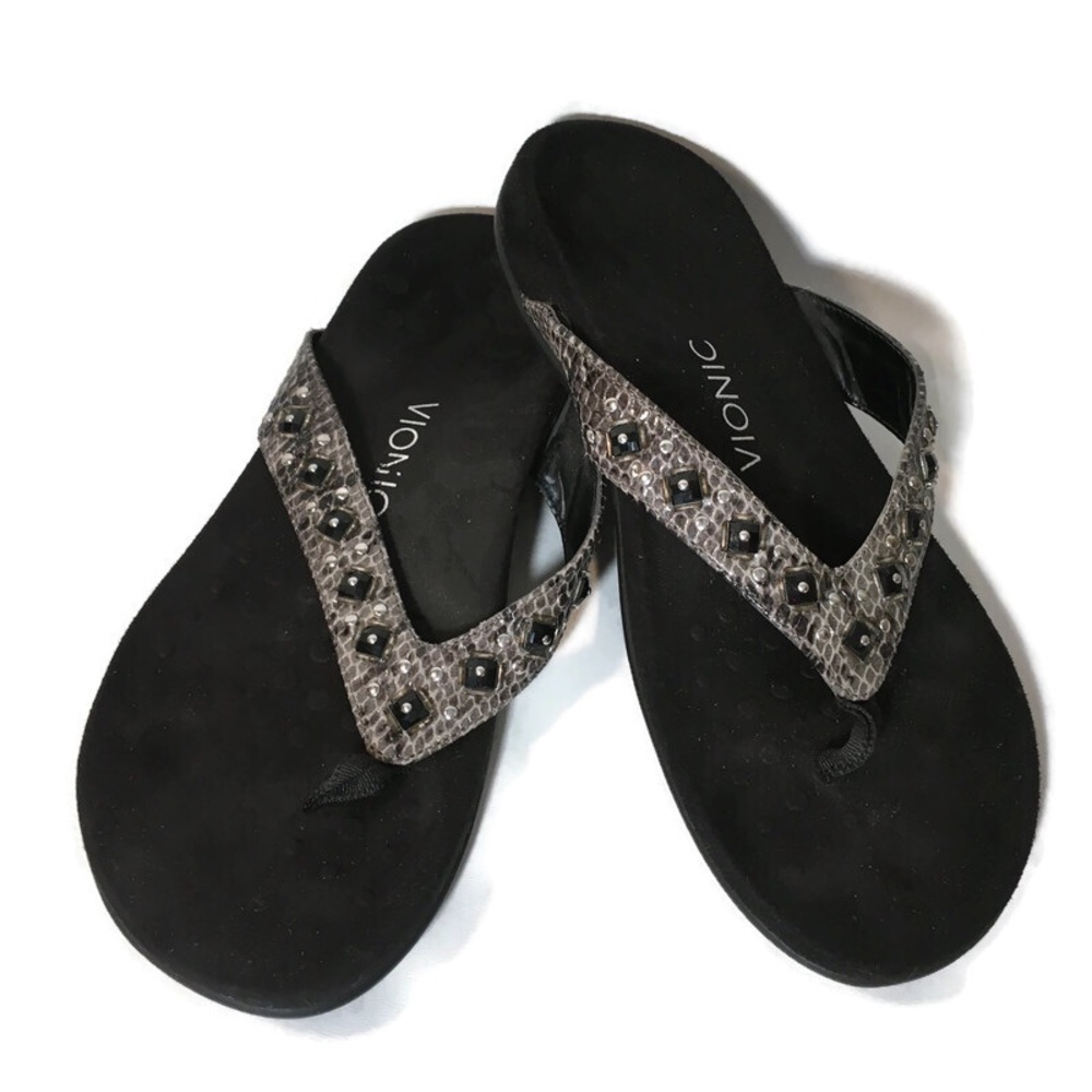 Vionic Womens Floriana Black Silver Thong Sandals Size 9 US Studded Orthodic